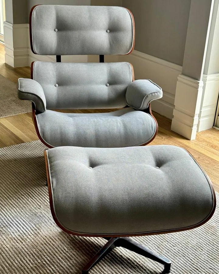Poltrona Charles Eames com puff estofada em tecido cinza claro e estrutura de madeira, posicionada sobre tapete claro.